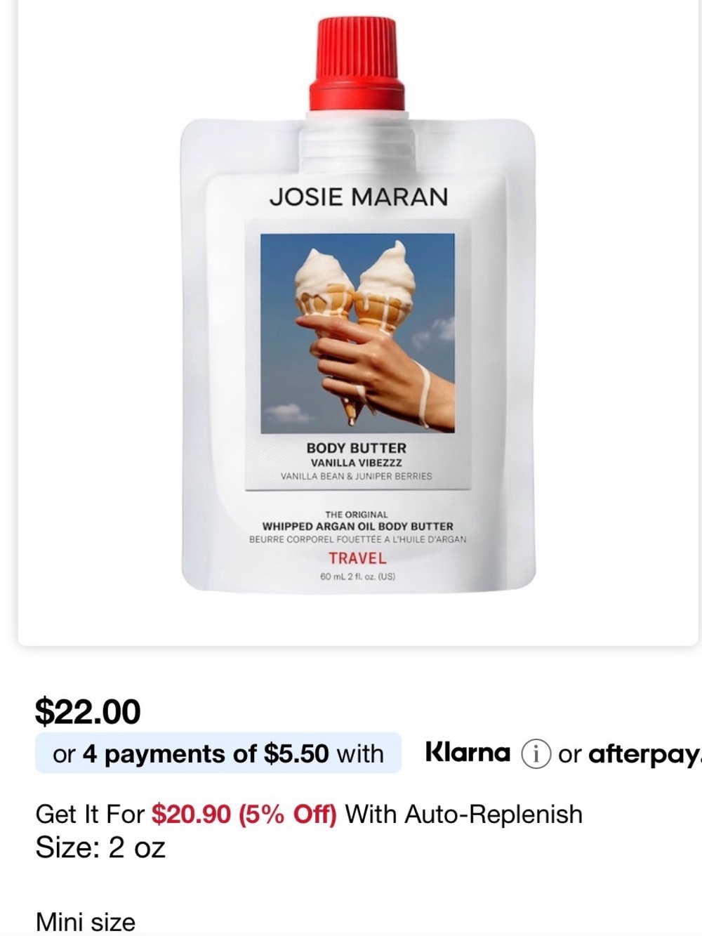 Josie Maran Vanilla Vibeezz Body Butter (White) - Travel Size BRAND NEW SEALED